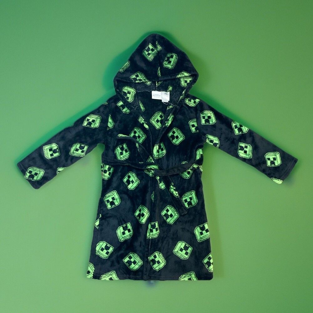 Minecraft Game Fleece Creeper Bathrobe Tie Wait Black/Green Kids Size L (10)